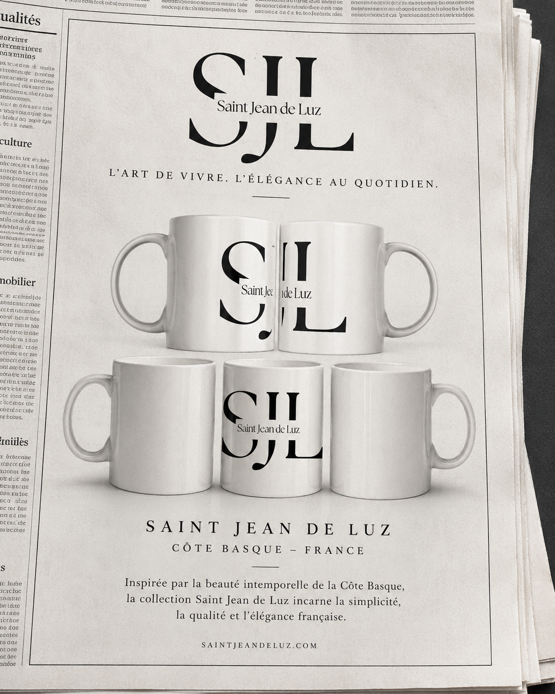 Publicité style journal pour le Mug SJL Saint-Jean-de-Luz – Design Minimaliste Basque